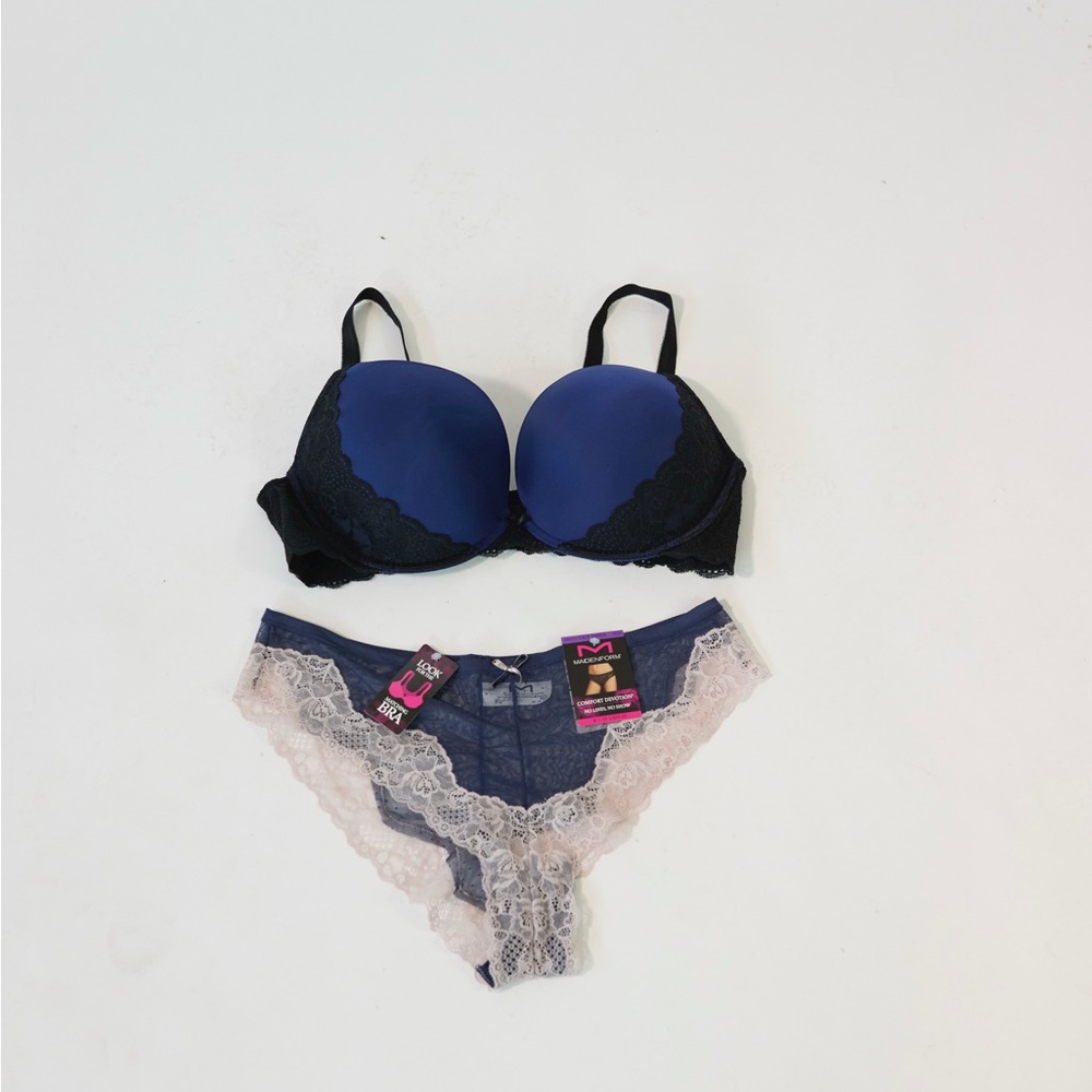 Chic Blue and Black Lace Bra Set